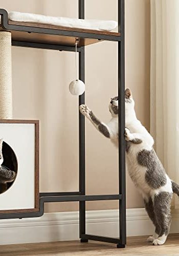 FEANDREA skrapestolpe, 3 niver, 1 hylle, 1 plattform, 1 hulrom - plysj, sisal, rustikk brun sponplate