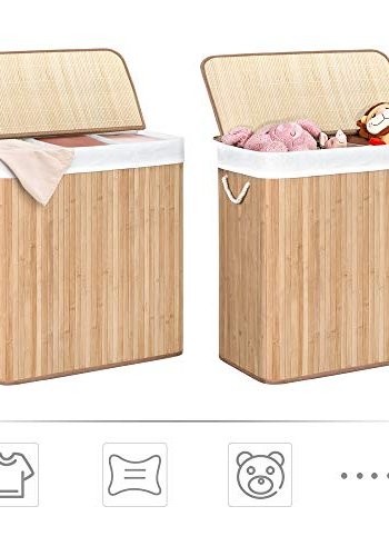 SONGMICS skittentyskurv, m, 3 seksjoner, pklipslokk og hndtak - bomull og naturlig bambus