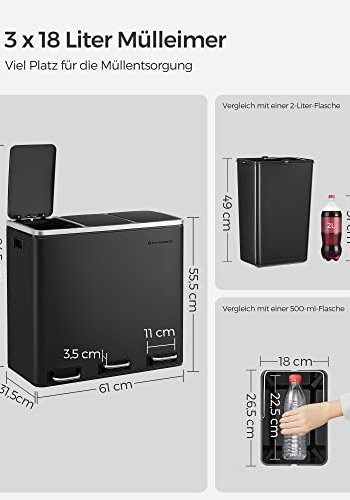 SONGMICS avfallsbeholder, m. 3-roms pedalbtte, mykt lukket lokk, plastbinger, hndtak - sort stl
