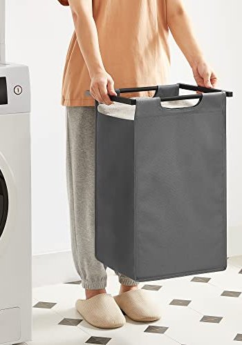 VASAGLE Wäschekorb, m. 2 Fächern – braunes MDF und grauer Stoff/Stahl