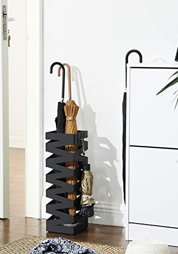 SONGMICS paraplyholder, firkantet, med kroker og dryppbrett - svart metall