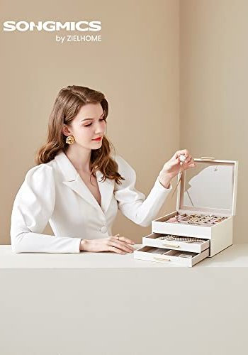 SONGMICS smykkeskrin, 3-lags, med glasslokk og 2 skuffer - gull og hvitt kunstskinn