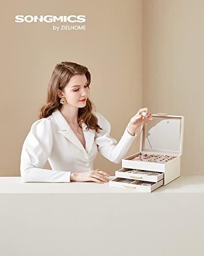 SONGMICS smykkeskrin, 3-lags, med glasslokk og 2 skuffer - gull og hvitt kunstskinn