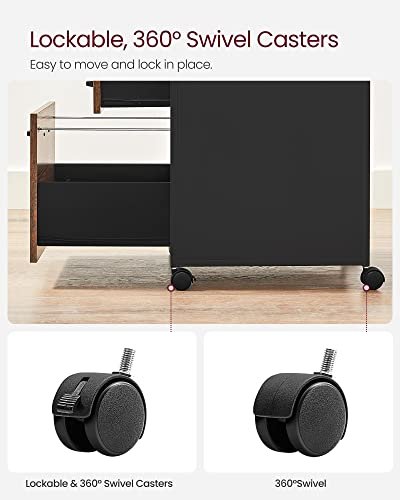 VASAGLE arkivskap, m. 2 skuffer, 1 pen plass og hjul - rustikk brun sponplate og sort stl