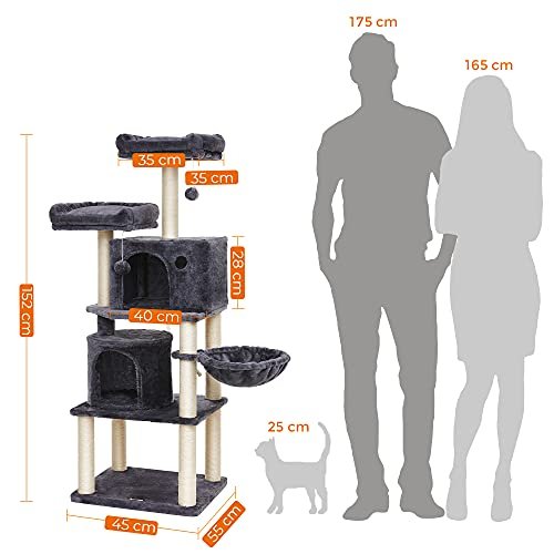 FEANDREA skrapestolpe, 5 niver, 2 plattformer, 2 huler, 2 pom-poms, 1 kurv - rykgr plysj