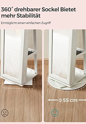 SONGMICS smykkeskap, 360° roterbart, m. speil, hyller, 3-i-1 lsbar - hvit med graktig trekorn MDF