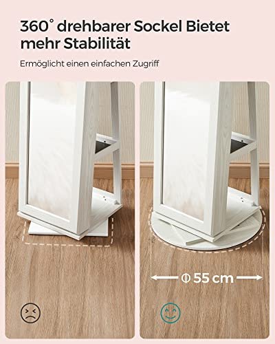 SONGMICS smykkeskap, 360° roterbart, m. speil, hyller, 3-i-1 lsbar - hvit med graktig trekorn MDF