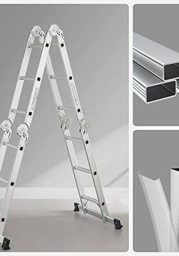 SONGMICS 3,5 m stige, multifunksjonsstige, m. 2 metallplater, 12 trinn, leddet - slv aluminium
