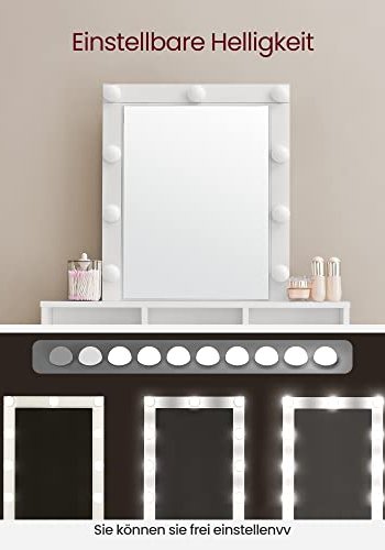 VASAGLE Schminktisch, mit Spiegel, Glühbirnen, 2 Schubladen, 3 Fächern – Spiegelglas und weiße Spanplatte (80x40)