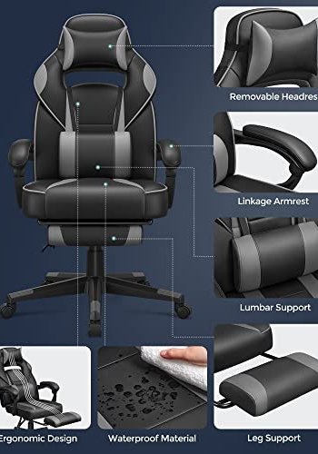 SONGMICS gaming stol, med armlener, fotsttte, hodesttte og korsryggpute - svart og gr PU og stl