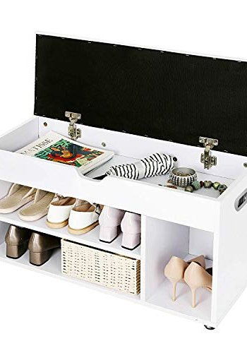 VASAGLE Bank, mit weißem Kissen und 4 Schuhfächern – weiße Spanplatte (80 x 30)
