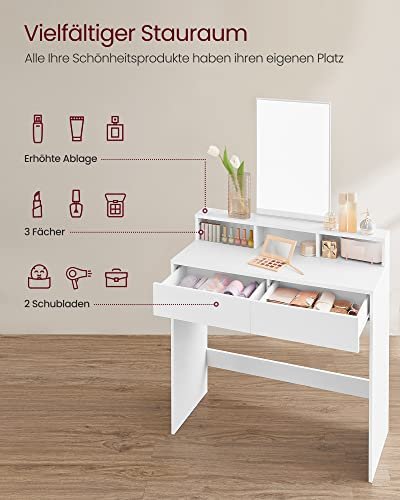 VASAGLE Schminktisch, mit Spiegel, 2 Schubladen, 3 Fächern – Spiegelglas und weißes Melamin (80x40)