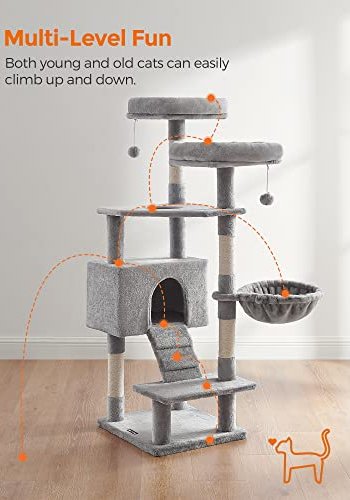 FEANDREA skrapestolpe, 6 niver, 2 plattformer, 1 kurv, 1 hule, 2 pom poms - lys gr plysj