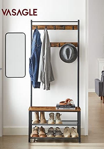 VASAGLE inngangsarrangement, m. 9 kroker, 3 hyller - brun sponplate og sort stl