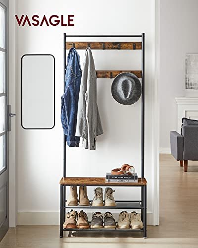 VASAGLE inngangsarrangement, m. 9 kroker, 3 hyller - brun sponplate og sort stl