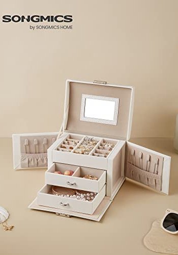 SONGMICS smykkeskrin, 3 lag, m. hndtak, 2 skuffer, lsbar, m. speil - hvit