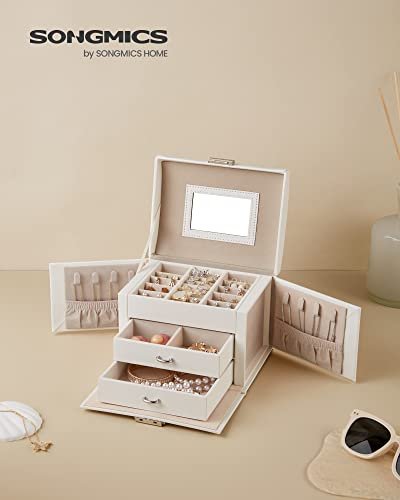 SONGMICS smykkeskrin, 3 lag, m. hndtak, 2 skuffer, lsbar, m. speil - hvit