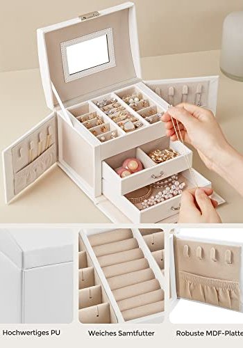 SONGMICS smykkeskrin, 3 lag, m. hndtak, 2 skuffer, lsbar, m. speil - hvit