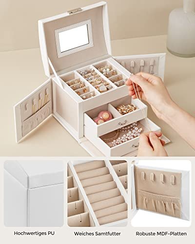 SONGMICS smykkeskrin, 3 lag, m. hndtak, 2 skuffer, lsbar, m. speil - hvit