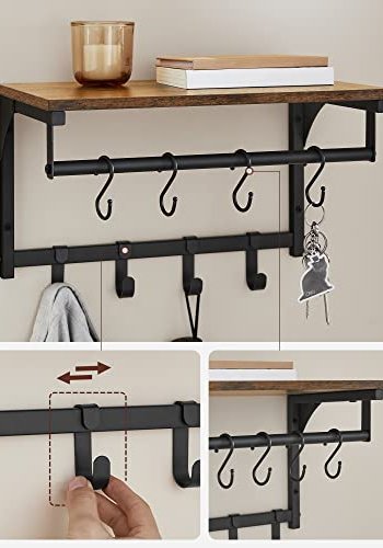 VASAGLE Hutablage, mit Kleiderstange und 8 abnehmbaren Haken – rustikale braune Spanplatte und schwarzer Stahl