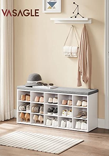 VASAGLE benk, med gr pute og 15 rom for sko - hvit sponplate (105x30)