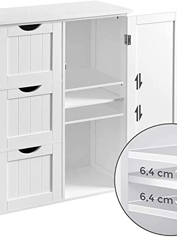 VASAGLE baderomsskap, m. 1 dr, 1 hydejusterbar hylle og 3 skuffer - hvit MDF