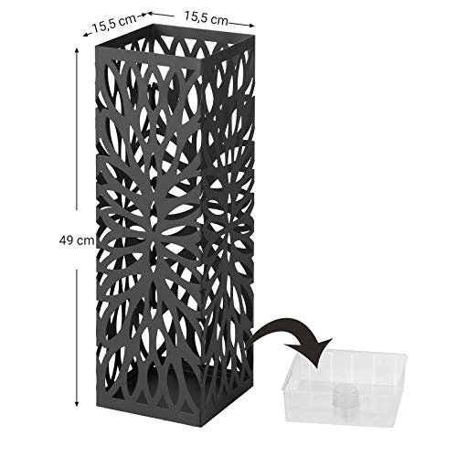 SONGMICS paraplyholder, firkantet, m. 4 kroker og avtagbart dryppbrett - svart metall
