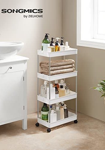 SONGMICS Aufbewahrungswagen, mit 4 Ablagen und Rädern – weißes Polypropylen und Metall