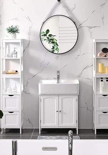 VASAGLE baderomsskap, m. 3 pne rom og 2 skuffer - hvit MDF