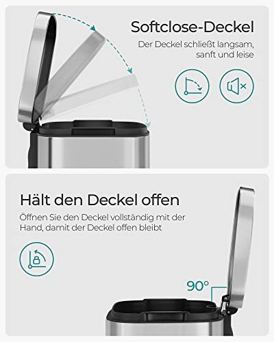 SONGMICS avfallsbeholder, 30L, med innvendig plastbeholder, hengslet lokk, lukttett - slvstl