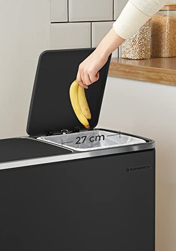 SONGMICS avfallsbeholder, lufttett, m. 2 rom, pedal, innvendige plastbtter, lokk, hndtak - svart metall