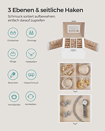 SONGMICS smykkeskrin, 3 lag, m. hndtak, 2 skuffer, lsbar, m. speil - hvit