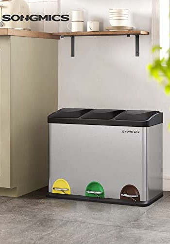 SONGMICS avfallsbeholder, m. 3 rom, pedaler - slv rustfritt stl og svart polypropylen