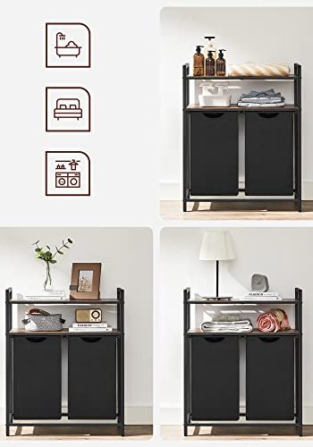 VASAGLE Wäschekorb, m. 2 Fächern und 2 Ablagen – braunes MDF und schwarzer Stoff/Stahl