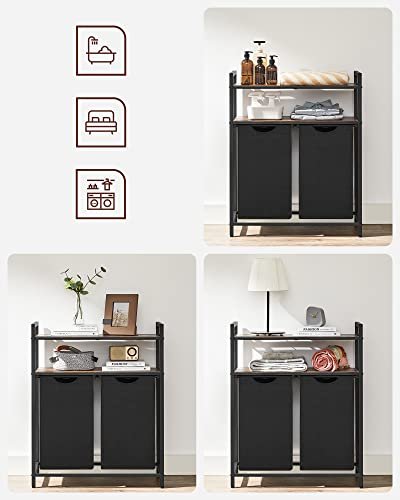 VASAGLE Wäschekorb, m. 2 Fächern und 2 Ablagen – braunes MDF und schwarzer Stoff/Stahl