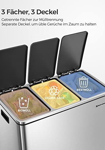 SONGMICS avfallsbeholder, 3-roms, pedal, med mykt lukket lokk, innvendig plastbeholder, hndtak - slvstl