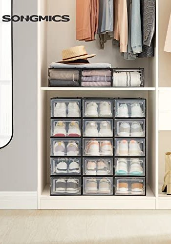 SONGMICS skostativ, stabelbar, sammenleggbar, opp til UK strrelse 10,5, m. 18 bokser - klar og sort plast