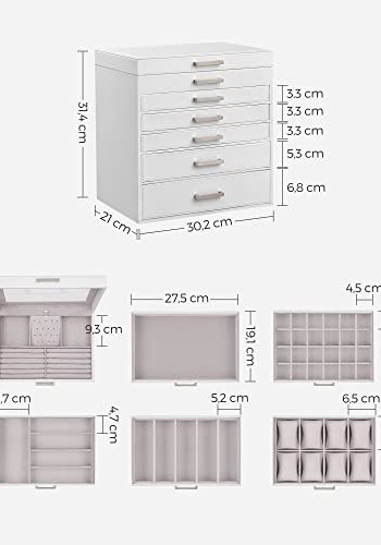 SONGMICS smykkeskrin, m. 6 lag, 5 skuffer, speil - hvit MDF