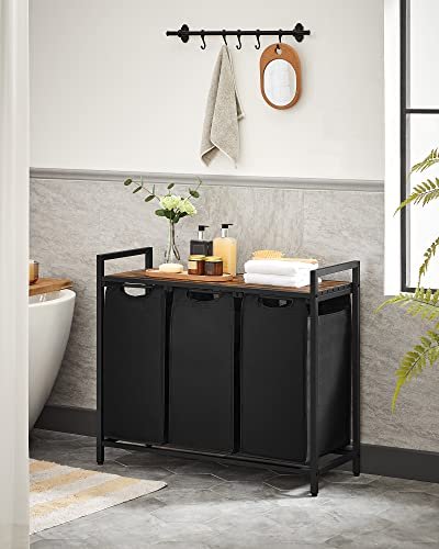 VASAGLE skittentyskurv, m. 3 uttrekkbare uttakbare vaskeposer, 1 hylle - svart stoff og sort stl