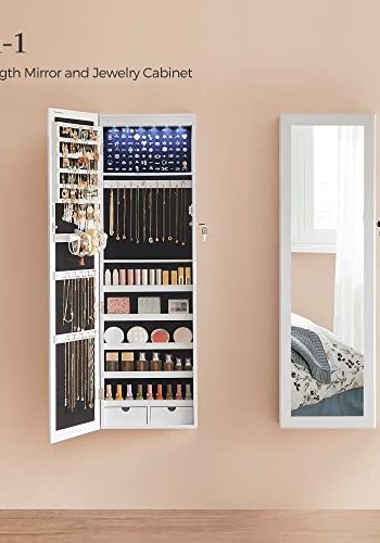 SONGMICS smykkeskap for vegg, lsbart, med speil og forskjellige rom - flyel og hvit MDF