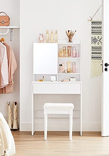 VASAGLE Schminktisch, mit Spiegel, 1 Schublade und 2 Ablagen – Spiegelglas und weiße Spanplatte (70x40)