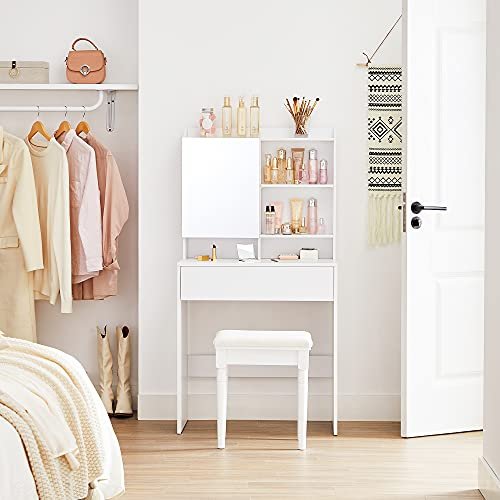 VASAGLE Schminktisch, mit Spiegel, 1 Schublade und 2 Ablagen – Spiegelglas und weiße Spanplatte (70x40)