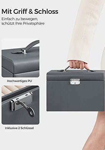 SONGMICS smykkeskrin, lsbar, m. 3 lag, reiseveske, 2 skuffer, speil - gr PU