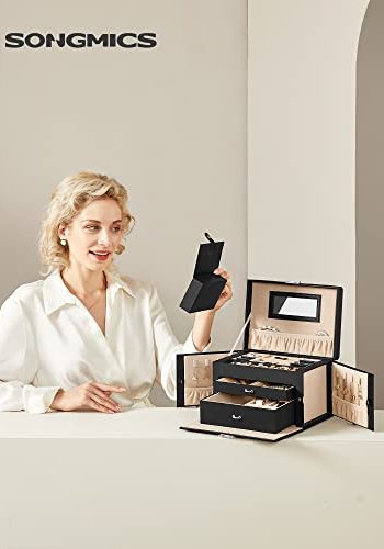 SONGMICS smykkeskrin, m. 2 skuffer, speil, reiseveske - sort kunstskinn