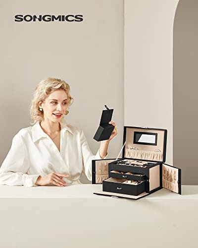 SONGMICS smykkeskrin, m. 2 skuffer, speil, reiseveske - sort kunstskinn