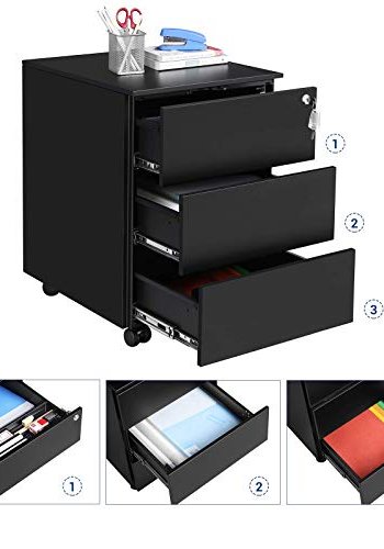 SONGMICS mobilt arkivskap, lsbart, m. 3 skuffer og hjul - matt sort stl