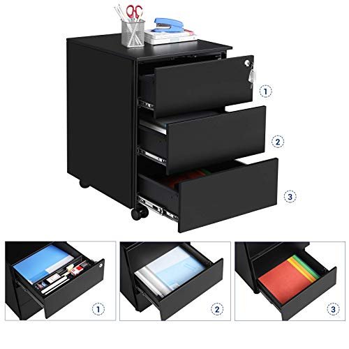 SONGMICS mobilt arkivskap, lsbart, m. 3 skuffer og hjul - matt sort stl