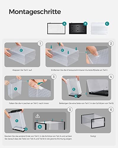 SONGMICS skostativ, stabelbar, sammenleggbar, opp til UK strrelse 10,5, m. 18 bokser - klar og sort plast