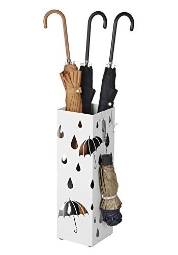 SONGMICS paraplyholder, firkantet, m. 4 kroker og dryppbrett - hvitt metall
