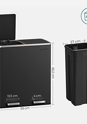 SONGMICS avfallsbeholder, lufttett, m. 2 rom, pedal, innvendige plastbtter, lokk, hndtak - svart metall